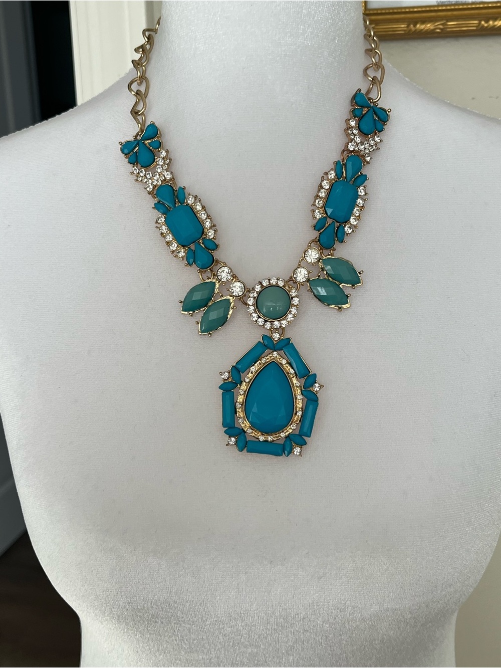 Blue bling jeweled GOLDTONE statement necklace 24”